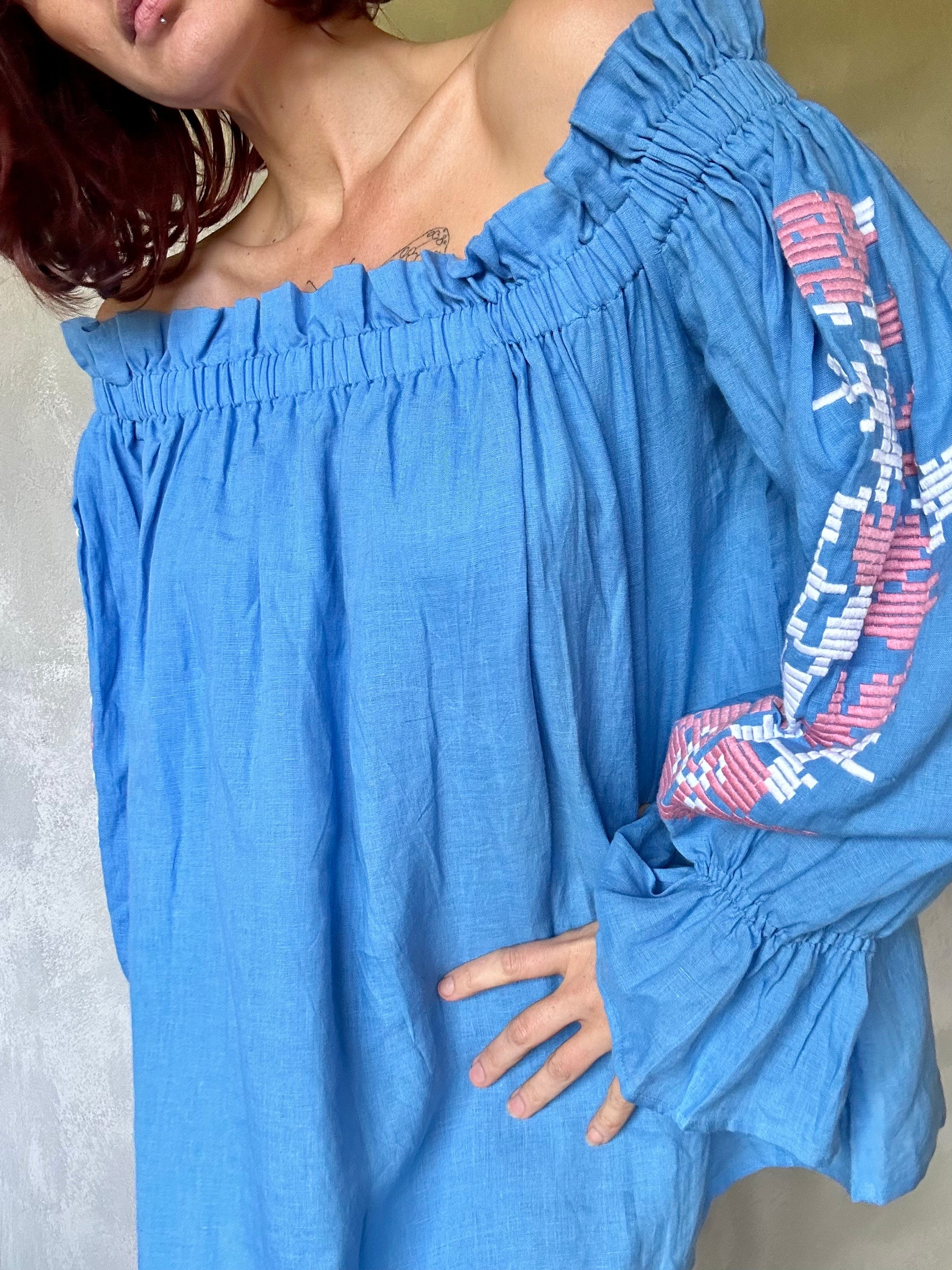 Sistergolden Blue Linen Top/Off Shoulder