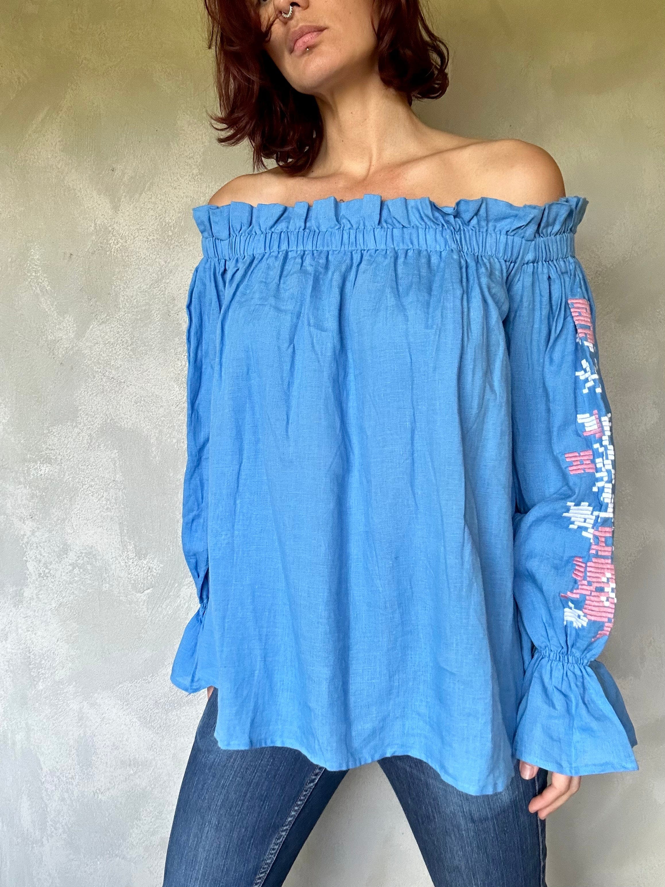 Sistergolden Blue Linen Top/Off Shoulder