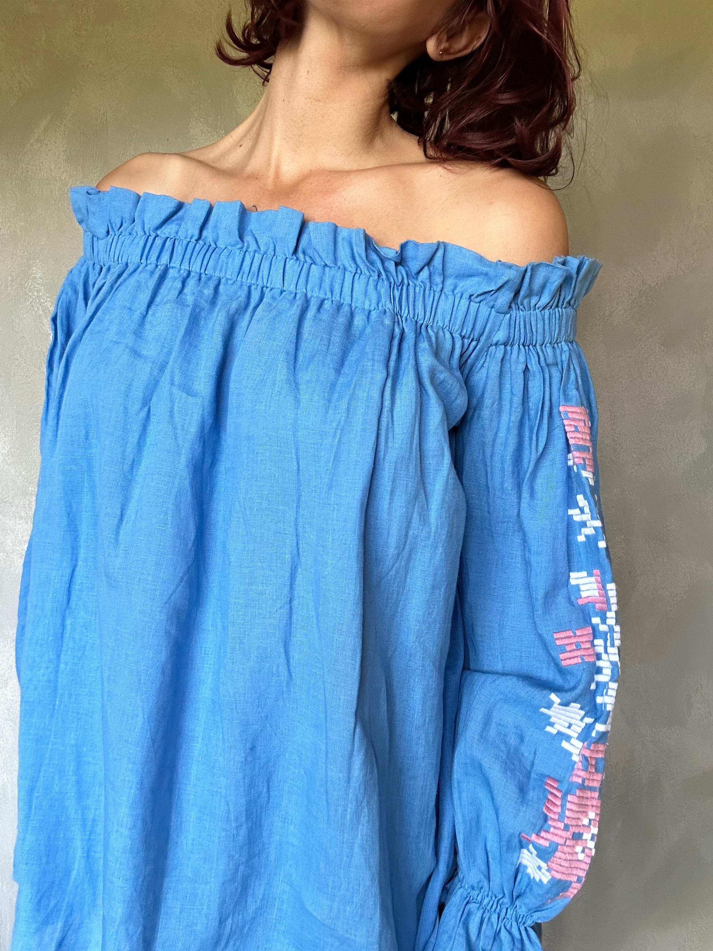 Sistergolden Blue Linen Top/Off Shoulder