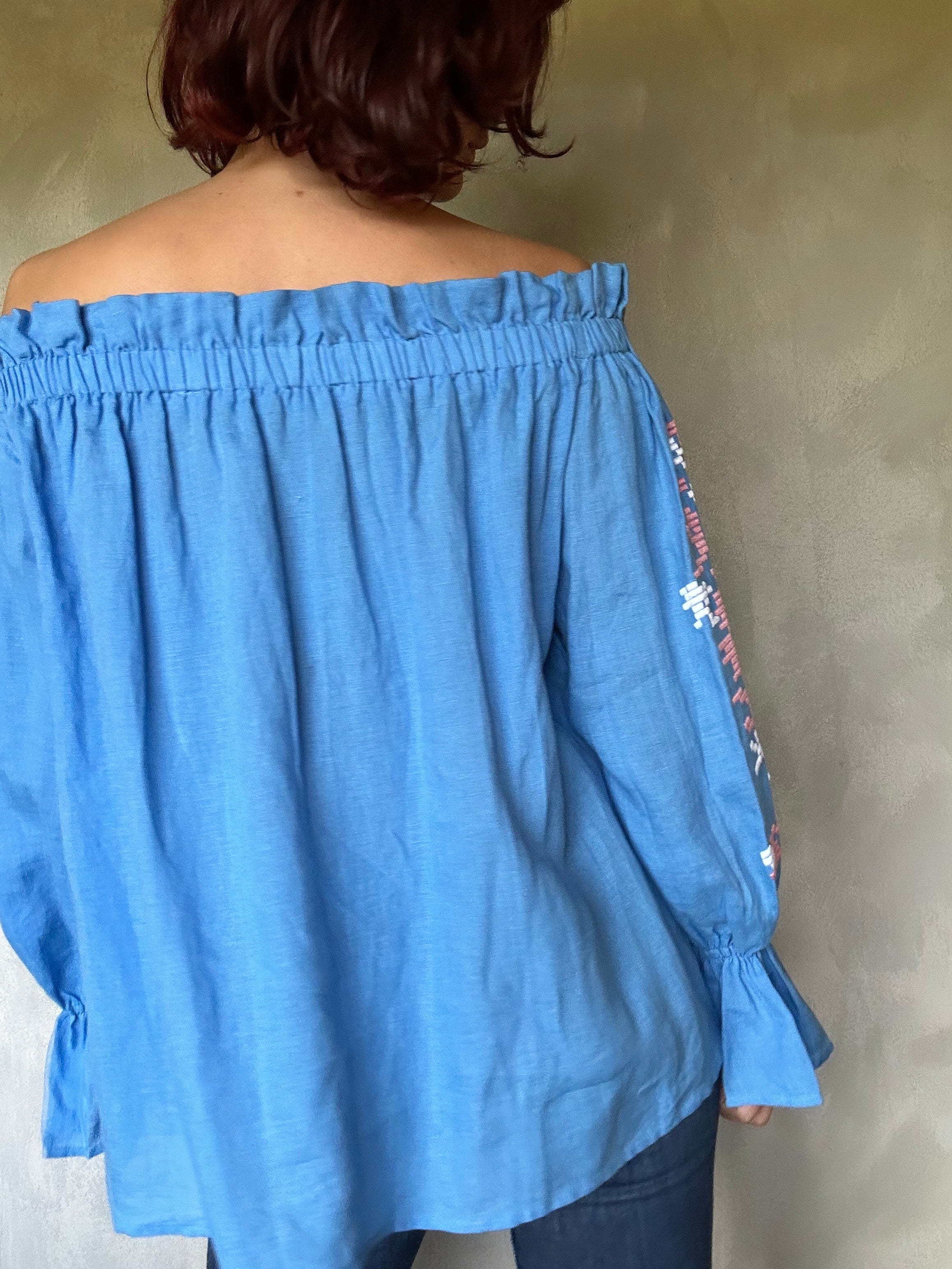 Sistergolden Blue Linen Top/Off Shoulder