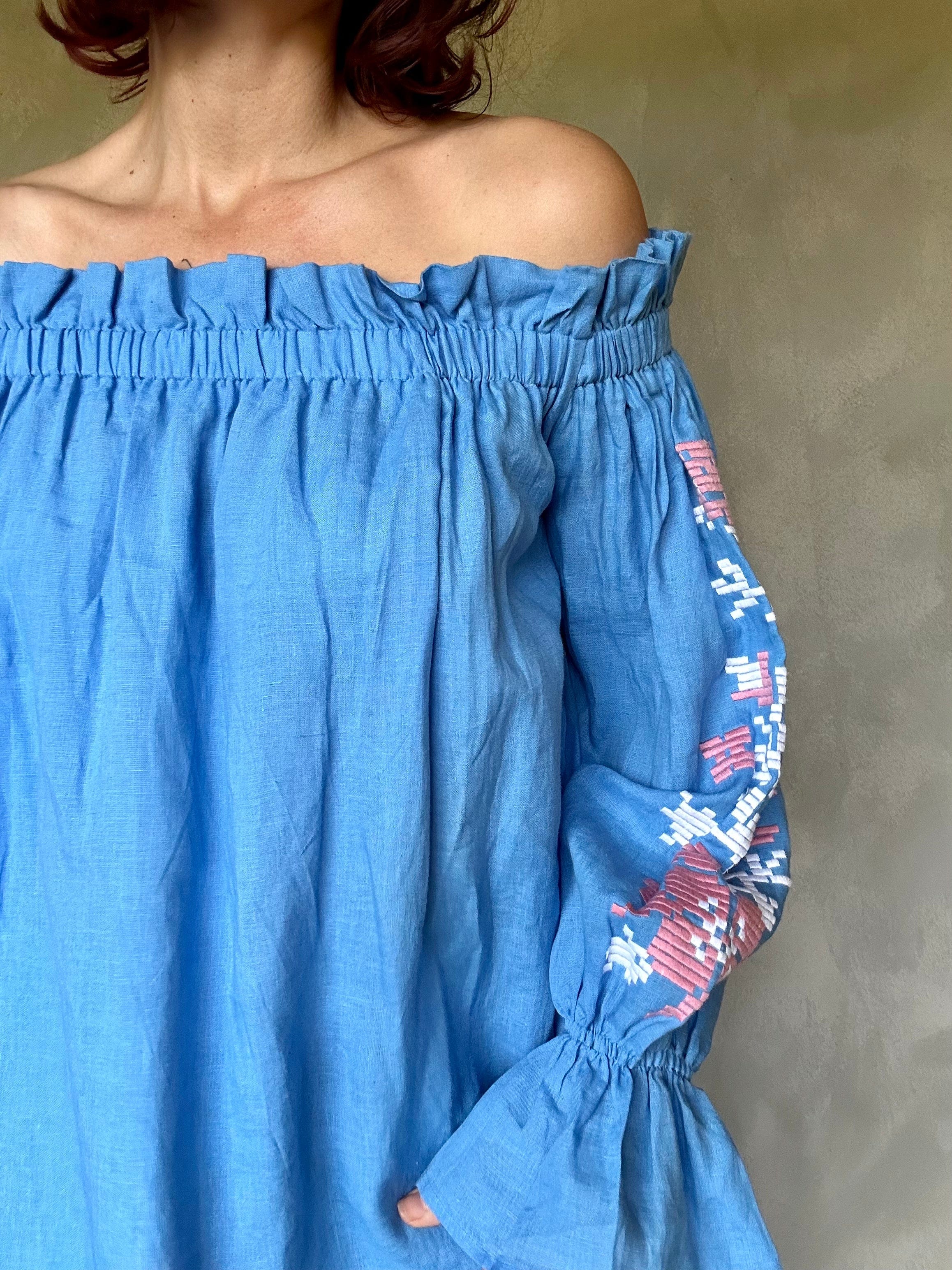 Sistergolden Blue Linen Top/Off Shoulder