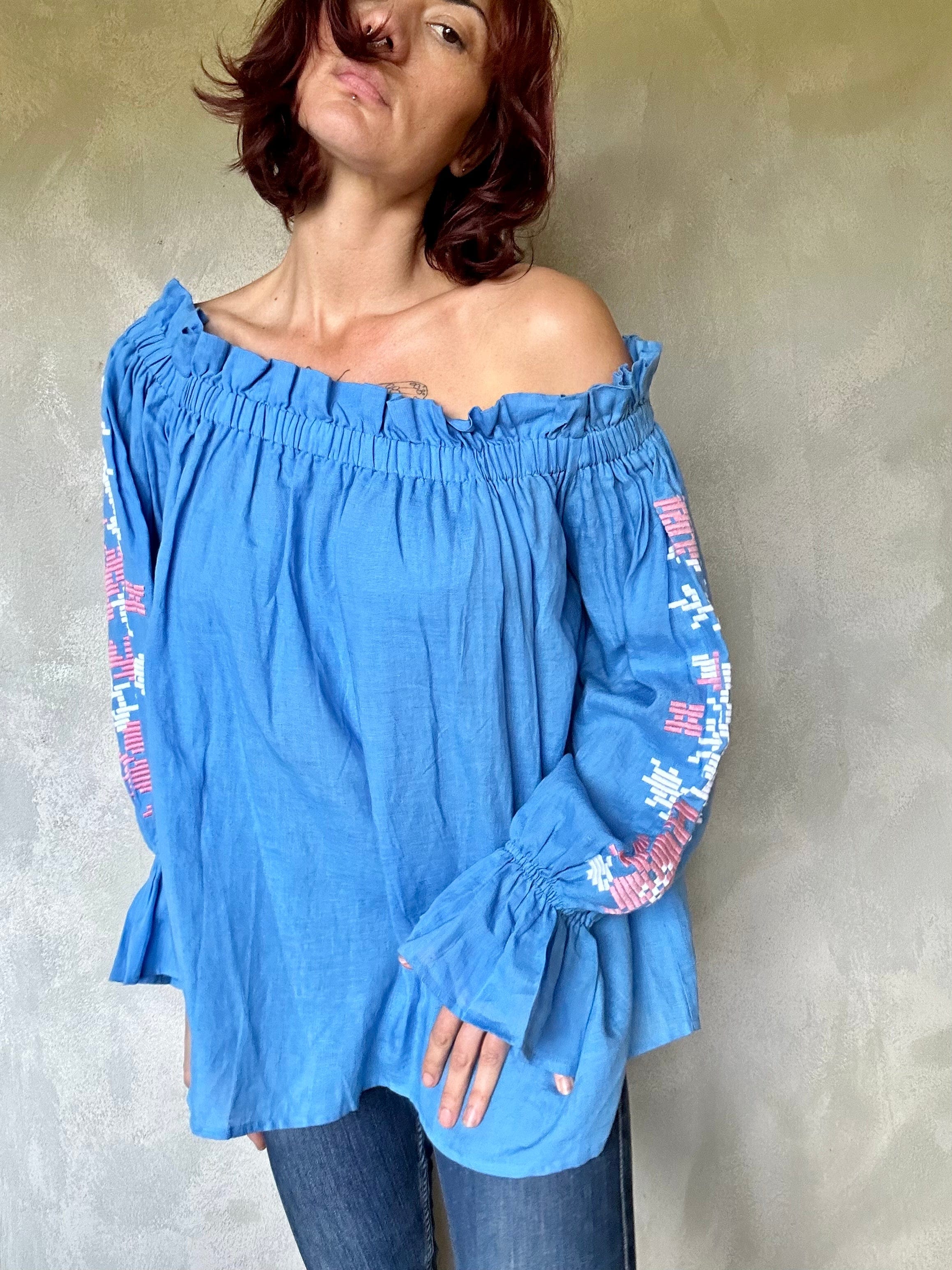 Sistergolden Blue Linen Top/Off Shoulder