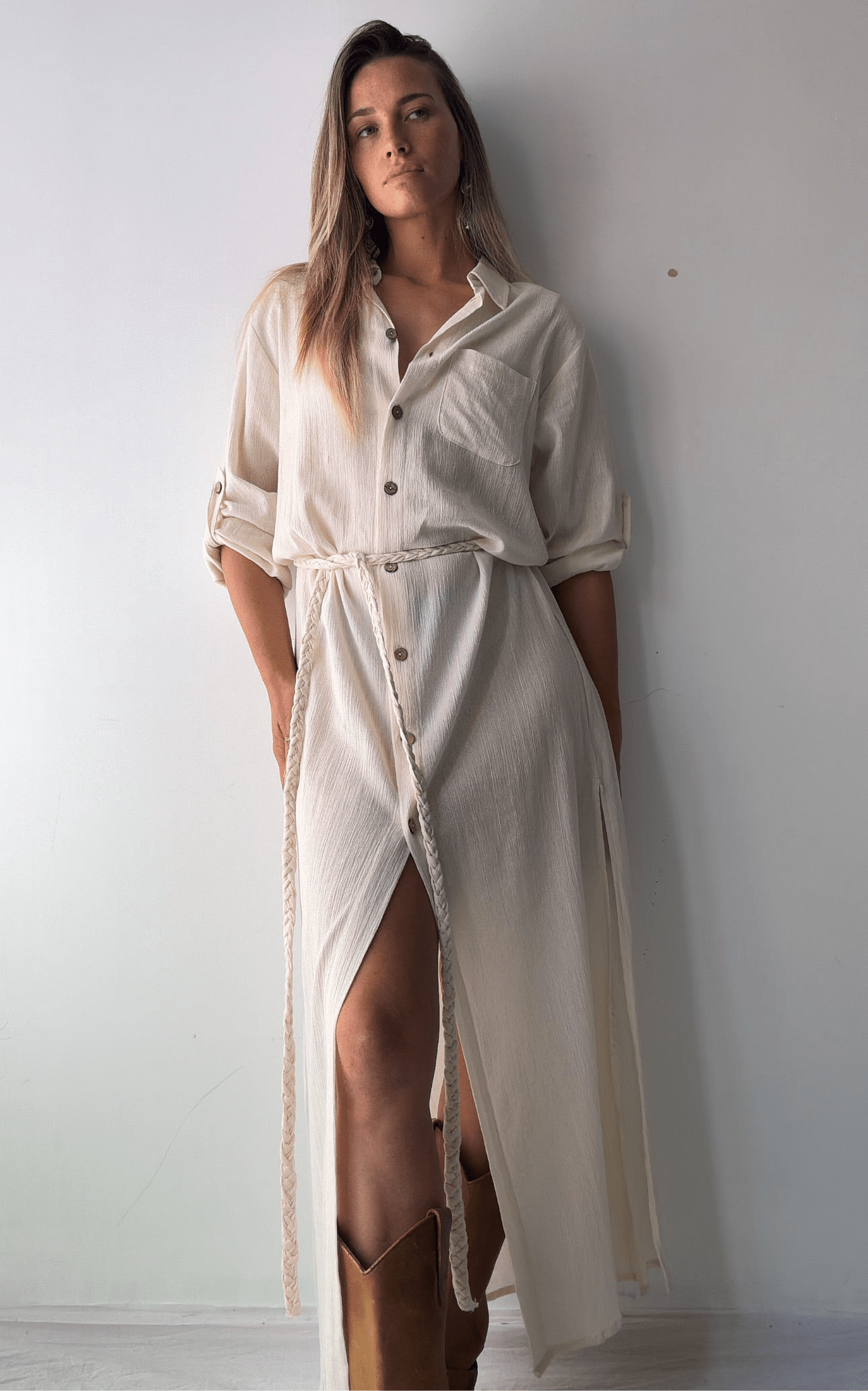 Sistergolden Turkish Cotton Shirt Dress Cream